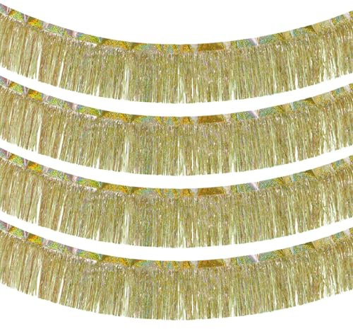 4 Stück Lametta Fransen Girlande 20x200cm Lametta Girlande, Metallic Foil Fringe Garland mit Kleberückseite, Wasserdicht, Wiederverwendbar, für Partydekor Geburtstags Verlobung Hochzeit,Gold