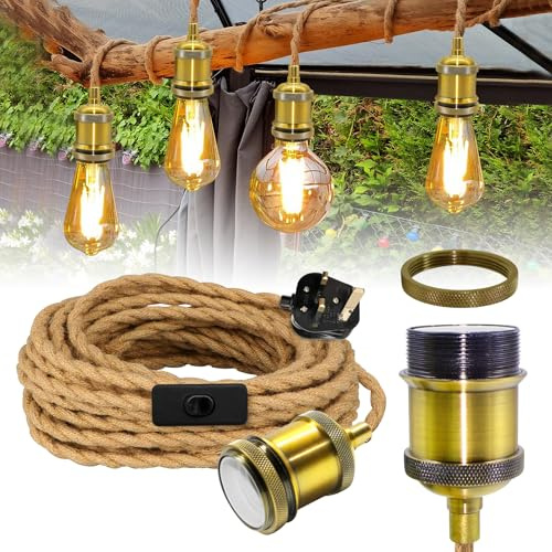 Vintage Brass Pendant Light Fitting, 510 cm Hemp Rope Lamps with UK Switch , E27 Lamp Holder Rustic Plug in Hanging Lighting, Antique Plug in Ceiling Light Fixture for Attic Hallway Loft, No Bulb