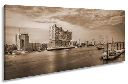 Leinwandbild Abendlicht küsst Hamburgs Hafen mit goldener Eleganz. Panorama 60x30cm Effekt: Sepia XXL Kunstdruck Bild auf Keilrahmen/Wandbild/Wohnzimmer Dekoration