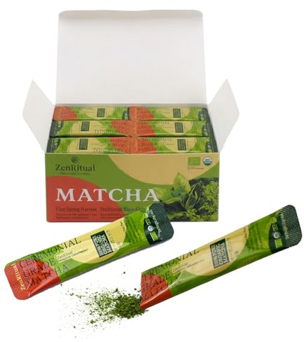 ZenRitual Organic Matcha Sticks, Ceremonial Grade Matcha Green Tea Powder, 20 Single Serve Packets, USDA Organic, Unsweetened Matcha Latte & Tea to Go for Travel, Work & Daily Ritual