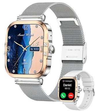 Reloj inteligente para mujer AMOLED 1,75 HD llamadas Bluetooth y notificaciones seguimiento de salud impermeable IP68 2 pulseras incluidas S.O.S esfera dorada caja plateada