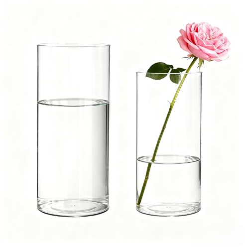 Koelaa 2 Piece Set Transparent Acrylic Flower Vases 12x25cm and 10x20cm, Unbreakable, Shatter-Proof Plastic Cylinder Vases for Flower Arrangement, Mother’s Day, Wedding, Living Room Decor