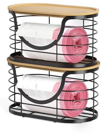 Haotao 2 Pack Trash Bag Holder，Stackable Trashbag Dispenser With Bamboo Lid，Wall Mount Garbage Bag Dispenser Organizer for Kitchen Laundry Room Under Sink