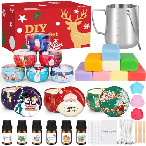 Kit bougie a faire soi meme adulte,Noël Coffret Bougies Parfumées Cadeau,DIY kit bougie maison avec 500 g de cire de soja,6 huiles parfumées,Pot de Fabrication,9 boîtes à bougies,3 moules (Red)