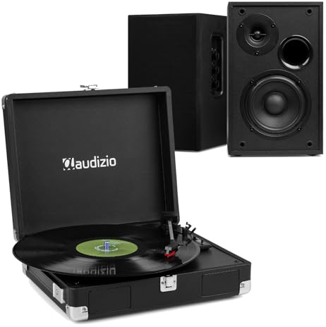 Audizio RP111BK Briefcase Record Player with High-Fidelity KS02 Bluetooth Speakers & RCA Cable – Portable 3-Speed Turntable System, Retro Home Audio, Built-In & External Speakers, Black