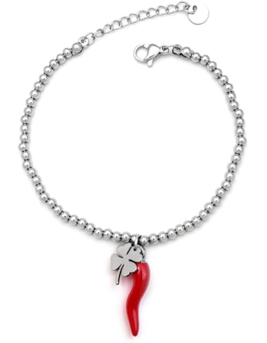 DEIMODRA Bracciale Cornetto Rosso Portafortuna e Ciondoli, Quadrifoglio Cuore Croce, Braccialetto Regolabile a Catena di Perline, Argento (Corno + Quadrifoglio)