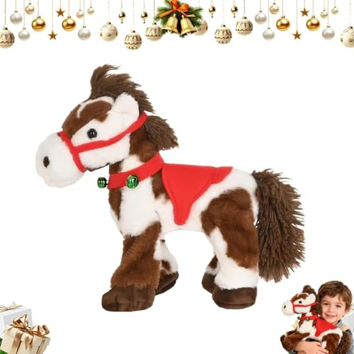Caballo de Peluche eléctrico Moteado - Pony Interactivo Que Camina con Sonido de relincho, Mueve la Cabeza y la Cola, Silla de Montar roja, Cascabel Verde, Juguete de Peluche Suave