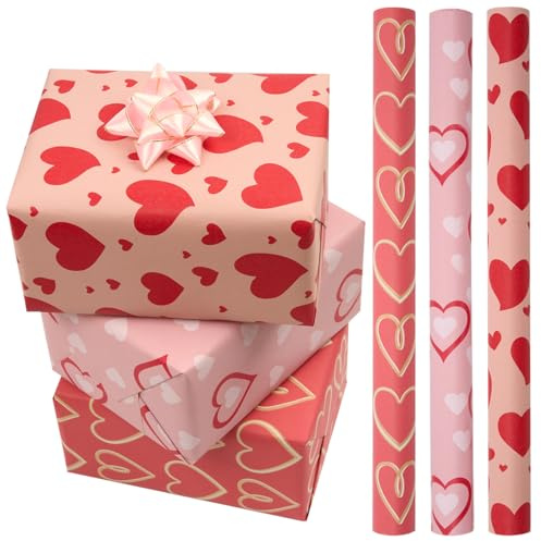 Lot de 3 rouleaux de papier cadeau rose, 43 cm x 3 m, motif cœur, idéal pour la Saint-Valentin et les cadeaux d'anniversaire