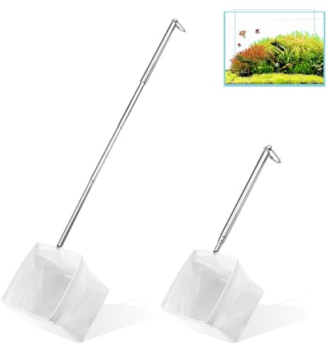 Kescher Aquarium, 2 Stück Aquarium Kescher mit Ausziehbarem Edelstahlgriff Langem Griff Ausziehbar bis zu 40 cm, 8CM Mini Aquarium Netz quadratische Maschen für Aquarien & kleine Teiche