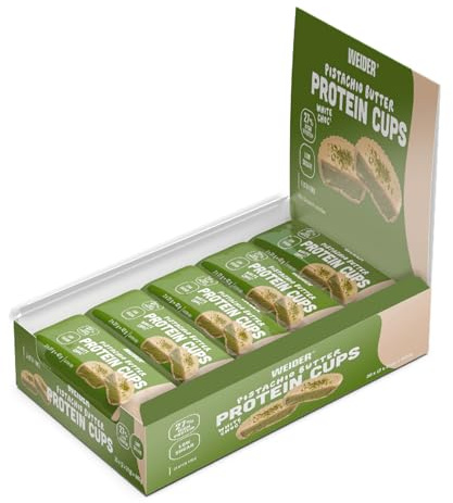 Weider Protein Cups Pistachio Butter (20x42g) Tartaletas con Alto Contenido de Proteínas y Bajo en Azúcar, con cobertura de Chocolate, Sin gluten (20 sobres de 2 tartaletas)
