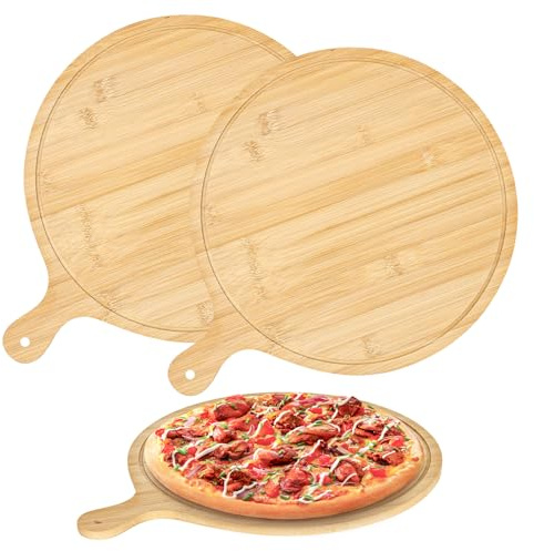 Junrvivy Pizzateller Holz Pizzabrett Rund - 2 Stück Pizza Teller 30CM Schneidebrett mit Griff Holzbrett Tund Servierbrett für Pizza Käse Snacks Küchenzubehör