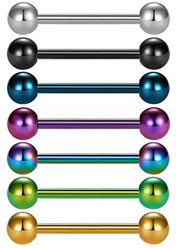 7 Piezas de Titanio anodizado Barras de Lengua de Acero quirúrgico pezón Anillo de perforación del Cuerpo - VCMART-14mm