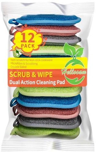 Spugna da cucina lavabile da riutilizzare, set da 12 pezzi, 10 x 8 cm con microfibra, con 2 lati potenti, per una pulizia accurata in caso di sporco ostinato.