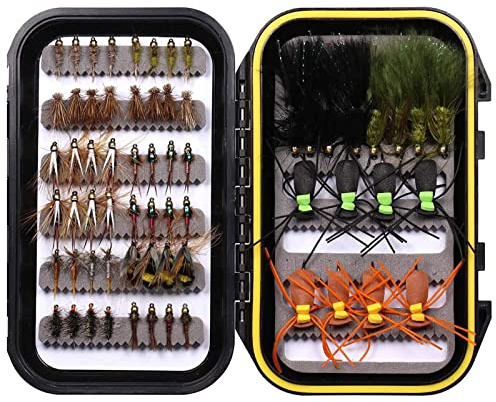 Wifreo Fly Fishing Flies Assortment with Waterproof Fly Box, 64pcs with Dry/Wet/Nymph/Streamer Flies, Trout/Bass/Panfish/Salmon Fishing Flies