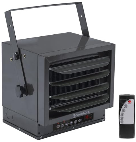 Comfort Zone Hard-Wired Ceiling Mount Garage Space Heater with Remote, 7,500 Watt, 240 Volt, Fan-Forced, Overheat Protection, Digital Thermostat, 12-Hour Timer, Ideal for Garage & Workshop, CZ230ERBK