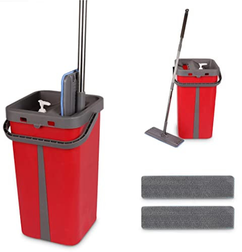 Balai plat microfibre- Système d'essorage-Seau à double chambre-Nettoyage facile- Pour tous types de sols- Rouge-Cenocco