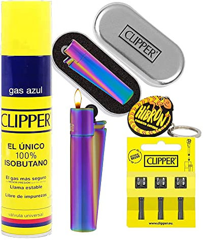 Clipper 1 Encendedor Mechero Clásico Largo Metal Icy Colours Colors 2 Multicolor Arcoiris + 1 Llavero+1gas+1 Pack de 3Piedra de Ignición Flint (Icy Kit)