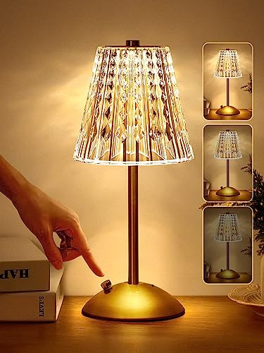 Crystal Cordless Lamp, Dimmable+3 Colors Rechargeable Lamp, Touch+2000mAh Battery Operated Vintage Ambient Light for Kitchen/Bedroom/Bathroom Shower, College Gifts, Mothers Day Gifts for Wife Daughter