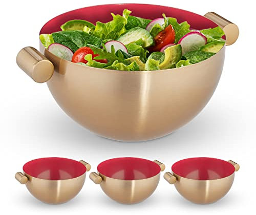 Relaxdays Saladier, Lot de 4, en INOX, mélangeur Rond pour Cuisiner et pour Le Service, diamètre 20 cm, Bol Cuisine, Or - Rouge