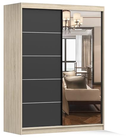 Fabryka Mebli Idźczak Kleiderschrank mit Spiegel, Schiebetüren - Schwarzer Schwebetürenschrank, Schlafzimmerschrank - ‎61 x 150 x 200 cm - Schrank für Schlafzimmer, Ankleidezimmer, Garderobe, Sonoma