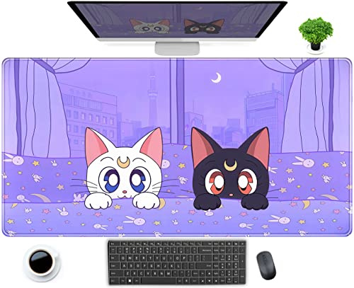 Cute Pastel Purple Kawaii Anime Cat Desk Pad Large XXL Gaming Mouse Pad Cats Lavender Extended Mouse Pad Desktop Mat Laptop Keyboard
