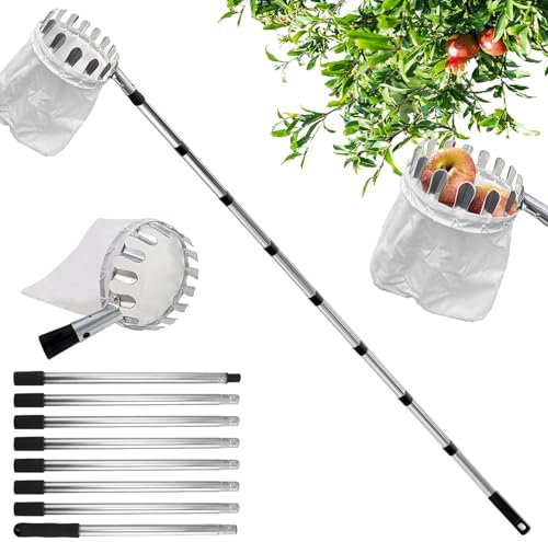 Obstpflücker Diameter 16 cm,3.2M Apfelpflücker, Kirschenpflücker mit Leichter Edelstahl Teleskoppfahl und Baumwollbeutel,Für Die Ernteernte Apfel-Zitrus-Birnen-Pfirsich Usw
