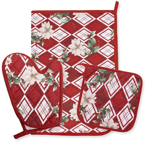 Set Guantone Presina e Strofinaccio Natalizi da Cucina 3 pezzi in 100% Cotone – Fantasie con Babbo Natale e Renne – Accessori da Forno Idee Regalo Natale