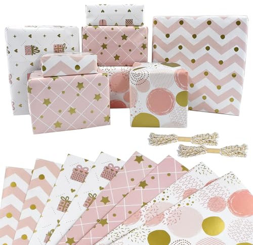 8 Sheets 50x70cm Pink Wrapping Paper, with String, Recyclable Birthday Gift Wrapping Paper Perfect for Birthday,Wedding, Valentine's Day and Christmas Decorations