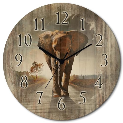 ARTLAND Wanddeko Wanduhr ohne Tickgeräusche aus Holz Quarzuhr lautlos rund Ø 30 cm EIN Elefant läuft auf der Straße T9QO Tiere Elefanten Bilder
