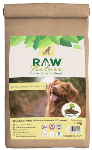 RAW Nature torrfoder för senior med kyckling 1 kg, kallpressad hundmat, spannmålsfri, 100 % muskelkött, hög kötthalt, utan konstgjorda tillsatser, för alla raser och känsliga hundar