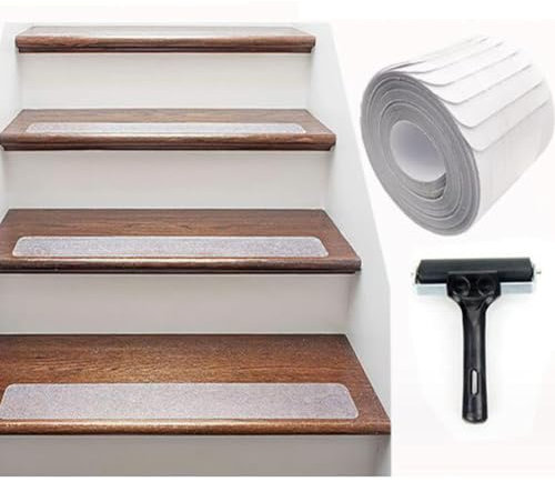 Juego de tiras antideslizantes para escaleras, transparentes, impermeables, alfombra autoadhesiva con rodillo de instalación (15 x 60 cm, 15 unidades)