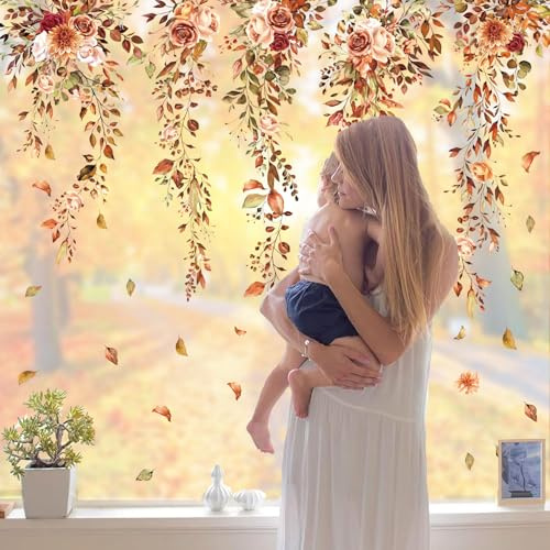 Whaline 9 Sheets Fall Thanksgiving Window Clings Hanging Flower Vine Leaves Window Stickers Autumn Floral Static Reusable Window Decals for Harvest Party Home Office Decor