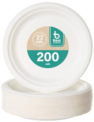 BEST PRODUCTS - 200 Platos Caña de Azúcar Desechables Ecológicos Biodegradables Compostables y Reciclables Para Fiestas Cumpleaños Comuniones Redondos Llanos Ø 22 cm