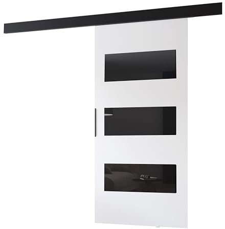 MINIO go for it - Schiebetüren 86 cm, Schiebetür Zimmertür PRIM E, Schiebetürsystem für Zimmer, Dekorative Elemente, Wandmontage, Türe Innen - Schwarz/Schwarzer Griff, Weiss/Schwarz
