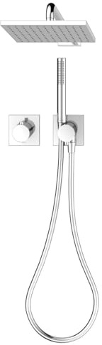 KEUCO IXMO Duschsystem mit Thermostat, Hand- & Kopfbrause, eckig, chrom | Made in Germany, mit Brauseschlauch und Umstellventil, inkl. Unterputz-Grundkörper und Befestigungsmaterial