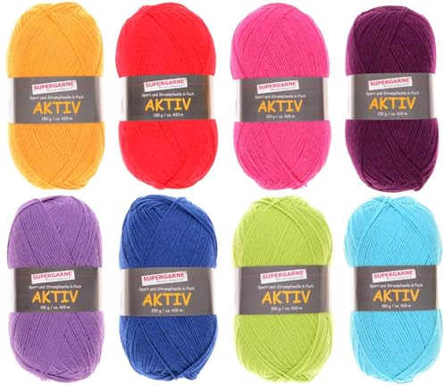 SUPERGARNE Sockenwolle Aktiv 6-fädig - 1200 g (8x150g), Strapazierfähig, Maschinenwaschbar, Made in EU, Ideal für Socken und Strickprojekt (UNI BUNT)