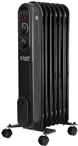 Russell Hobbs 1500W/1.5KW Oil Filled Radiator, 7 Fin Portable Electric Heater - Black, Adjustable Thermostat with 3 Heat Settings, Overheat Protection, 15m sq Room Size, 2 Year Guarantee RHOFR7004B