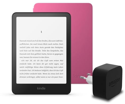 Den neuesten Kindle Paperwhite (2024 Release) mit 16 GB ohne Werbung, eine Amazon Plant-basierte Hülle und ein Amazon Powerfast 9-W-Netzteil.