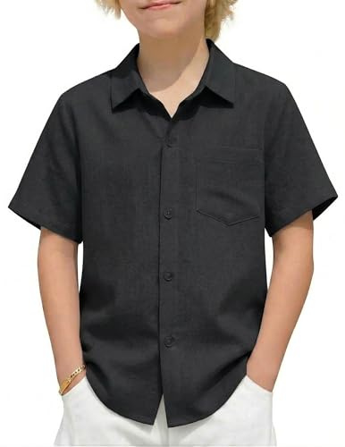 Arshiner Chemise Garçons Guayabera Enfants Eté Coton Manches Courtes Mode Boutonnés Brodé Shirt Loisirs Poche de Poitrine Chemises pour Garçons 11-12 Ans Noir