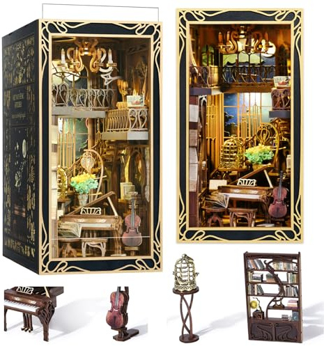MiniCity Book Nook Kit med dammskydd, gör-det-själv dockhus miniatyr huskit, boknook hus, modellbyggsatser för vuxna och tonåringar (pianist med nattligheter)
