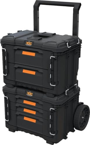 Keter Pro Gear XL Werkzeugwagen – 2 Koffer, 5 Schubladen, abschließbar, mit Trennfächern, aus robustem Kunststoff, schwarz, 64x47x79-105 cm