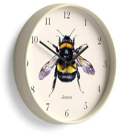 Jones Clocks® Bee Wall Clock | Modern clock with honeybee illustration | 30cm | Pale cream | Decorative design for kitchen, living room, bedroom or office