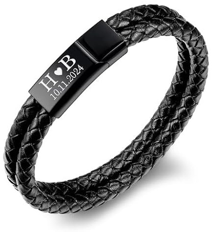 TMT Personalisiertes Herren Armband mit Gravur aus veganem Leder | Edelstahl Lederarmband Herren mit Magnetverschluss | Männer Armband mit Namen | Geschenke für ihn zum Weihnachten