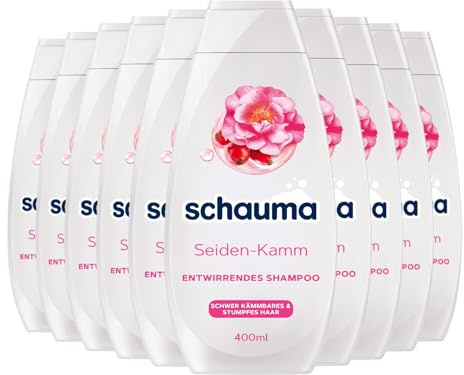 SCHAUMA Entwirrendes Shampoo Seiden-Kamm (10x 400 ml), Haarshampoo pflegt ohne zusätzliche Spülung, Glanz-Shampoo für schwer kämmbares & stumpfes Haar, mit Rosen-Öl, mit Sofort-Pflege-Effekt