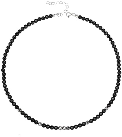 Unique Gems Damen Perlenkette kurz echter schwarzer Onyx Ø 4mm rund Edelstein Choker 38cm Hämatit Perlen Halskette Juweliers- Qualität