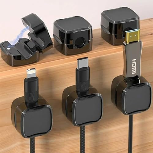 Cable Holder Clips, 6 Pack-360° RotatingCable Tidy,Magnetic Cable Management,Self-Adhesive Wire Organiser, Wire Tidy,Management Clips for Phone Charger, Usb Cables, Hdmi, Desk, Car, Office (Black)