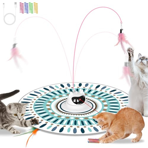Juguetes Interactivos para Gatos, Juguete Eléctrico 3 en 1 para Jugar al Escondite + 2 Plumas + 8 Muelles Coloridos, Juguete Automático para Gatos Punto Rojo LED Móvil Cat Toys- Recargable por USB