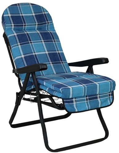 Marvin Sdraio Reclinabile da Giardino Sofia con Poggiapiedi Estraibile, 7 Posizioni, Cuscino Anatomico Imbottito, Pieghevole per Esterno e Interno (Blu a quadri)