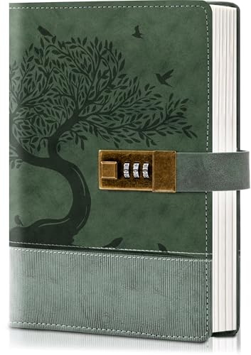 CAGIE Journal pour adulte avec serrure 256 pages épaisses | Carnet de notes vintage en cuir avec boîte cadeau, format A5, ligné, pour femme, avec code, carnet de notes, vert
