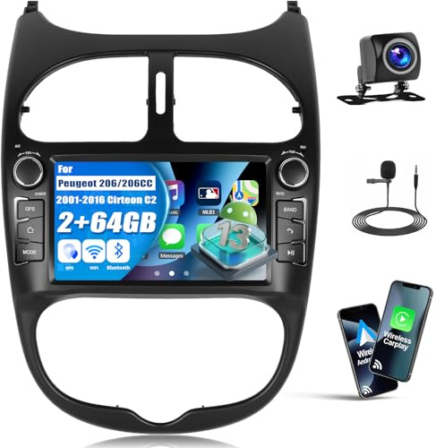 2+64G Radio de Coche Android para Peugeot 206/206CC 2001-2016 Cirteon C2 Wireless CarPlay Android Car 7 Pulgadas Pantalla táctil Navegación GPS con Cámara de Visión Trasera WiFi Radio FM SWC